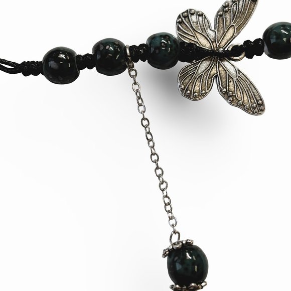 Fifth Ave Jewelry - Dark Green Bead Silver Butterfly Pendant Charm Pray Vintage Necklace
